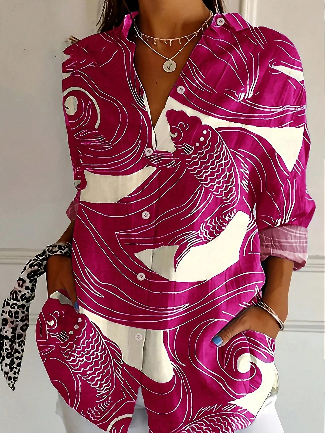 Dámská košile s knoflíky tunika límec dlouhý rukáv grafický zvířecí elegantní vintage tropická běžné topy každodenní dovolená plážové oblečení s potiskem černá růžová modrá jaro podzim 2025 - $33.99 –P5