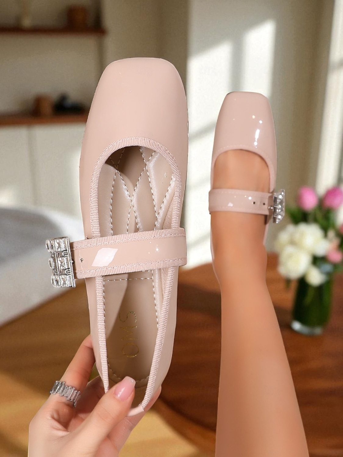 Women's Almond Patent Leather Mary Jane Flats with Rhinestone Buckle - 1960s Mod Style Comfortable Ballet Shoes for Teens and Ladies, Ideal for School, Parties, and Daily Wear 2025 - $29.99 –P5