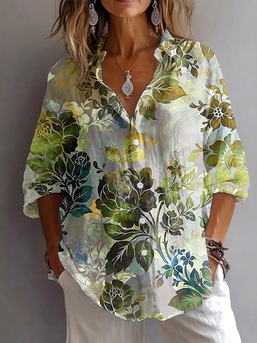 Damenhemd Langarm Button-Down Bluse Floral Grafik Geometrisch Vintage Täglich Stylisch Hemd Kragen Reguläre Oberteile Arbeit Täglich Urlaub Knöpfe Druck Hellgrün Blau Fuchsia Sommer Frühling Herbst 2025 - $32.99 –P3
