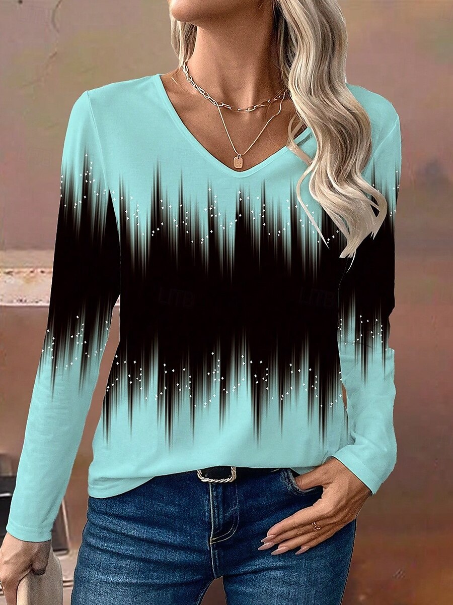 Femmes T-shirt A Ombre Graphique ancien Occasionnel manche longue Col en V Hauts Réguliers Quotidien Imprimé Noir Bleu Fuchsia Printemps Automne de 2025 ? $22.99 –P3