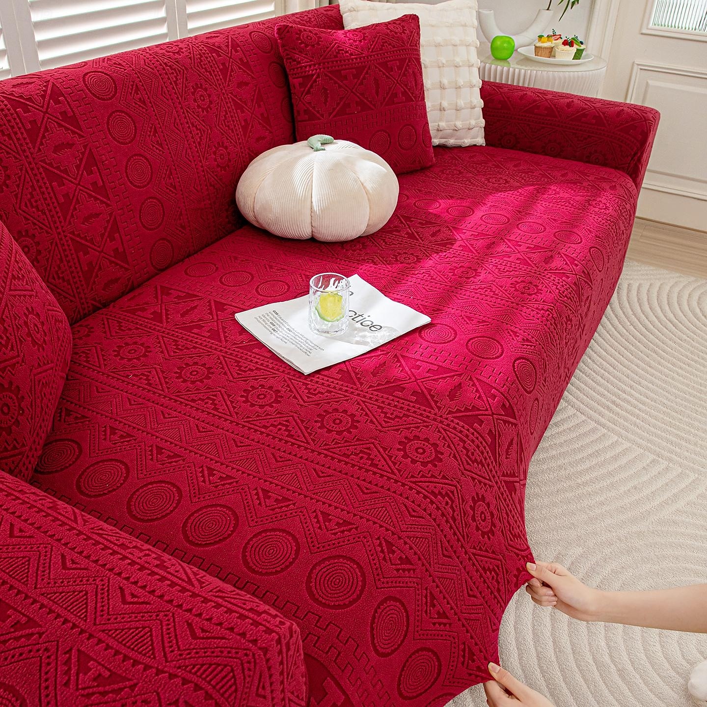 1 styck komplett paket enfärgat bohemiskt sofföverdrag i muxing jacquard-stil elastiskt jacquard-sofföverdrag som skyddar soffan från kattklor kan användas året runt utrustat med örngott 2025 - $72.99 –P2