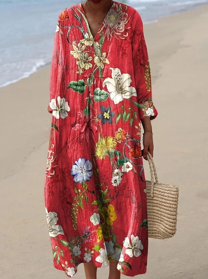 Damen Maxikleid Sommerkleid A Linie Kleid Urlaub Lässig Boho Party Ausgehen Strand Blumen Grafik Langarm V Ausschnitt Schwarz Rosa Rote Purpur Sommer Frühling 2025 - $35.99 –P6