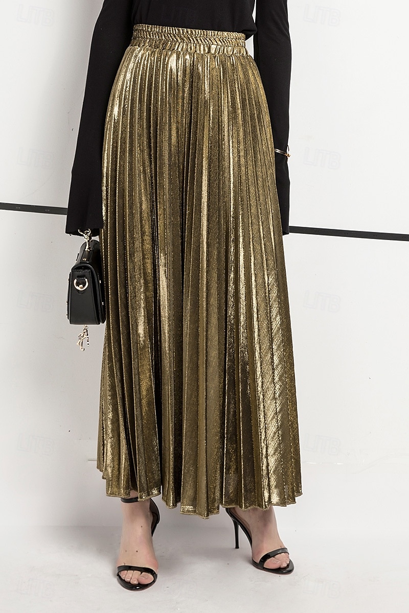 Femmes Jupe Mode Occasionnel Maxi Taille haute Jupes Uni Plissé Micro-Élastique Décontracté Quotidien Week-end Argent Noir Dorée Rouge Été Polyester de 2025 ? $19.99 –P4