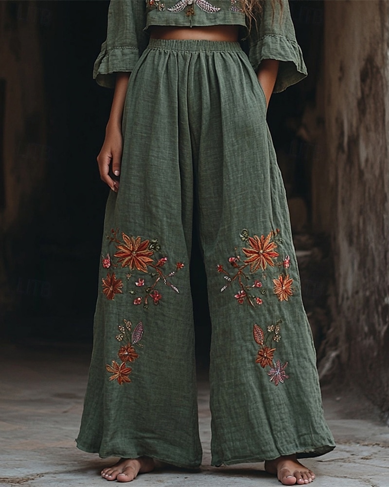 Women's Wide Leg Pants Trousers Palazzo Pants Fashion Boho Full Length High Waist Flower Elastic Waist Print Breathability Comfortable Street Daily Wear Going out Army Green Spring Fall Regular Fit 2025 - $32.99 –P1