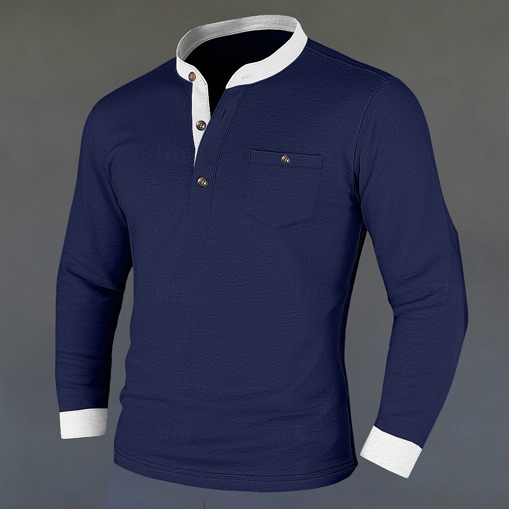 Herren Henley Hemd T-Shirt T-Shirt aus Baumwollmischung Langarm Farbblock Einheitliche Farbe Mode Designer Basic Patchwork Stehkragen Henley Urlaub Straße Lässig Frühling & Herbst Schwarz Marineblau 2025 - $21.99 –P2