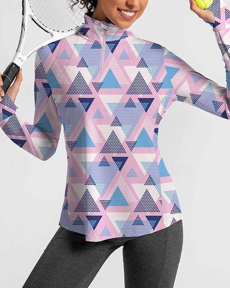 בגדי ריקוד נשים גיאומטרי חולצת POLO חולצת טניס שרוול ארוך דפוס רבע מיקוד Pullover הגנת UV אלסטי נושם טניס גולף פיקלבול צווארון רוכסן חולצה Polo ורוד כחול בגדי טניס 2026 - $25.99 –P1