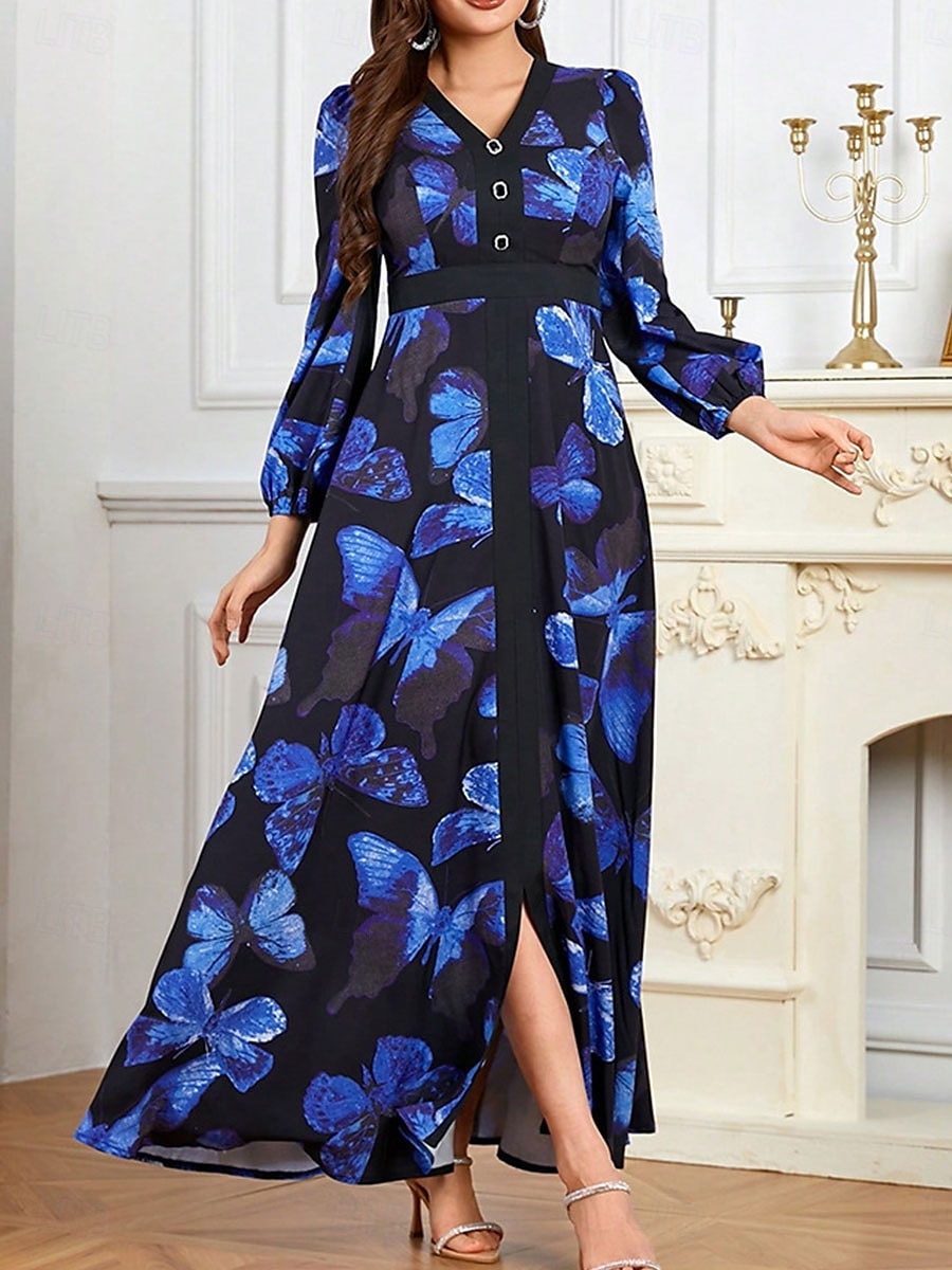 A-Line Mother of the Bride Dress Elegant V Neck Floor Length Chiffon Long Sleeve with Buttons 2025 2025 - $109.99 –P2