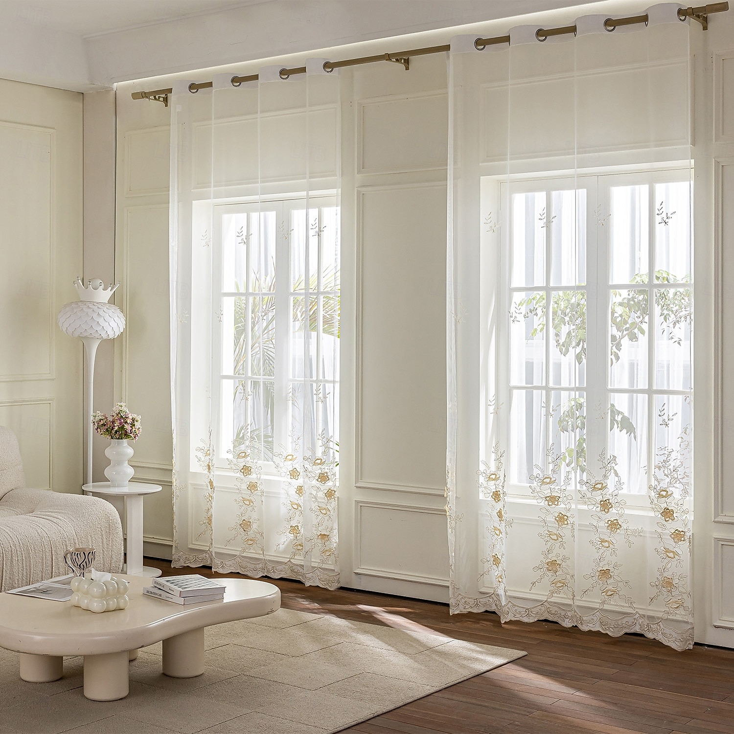 Curtian Drapes, bestickte transparente Vorhänge mit 3D-Blumenapplikation, handgefertigte Tüllvorhänge für Wohnzimmer, Schlafzimmer oder Balkon, moderne minimalistische Fensterpaneele, fertig zum 2025 - $36.99 –P6