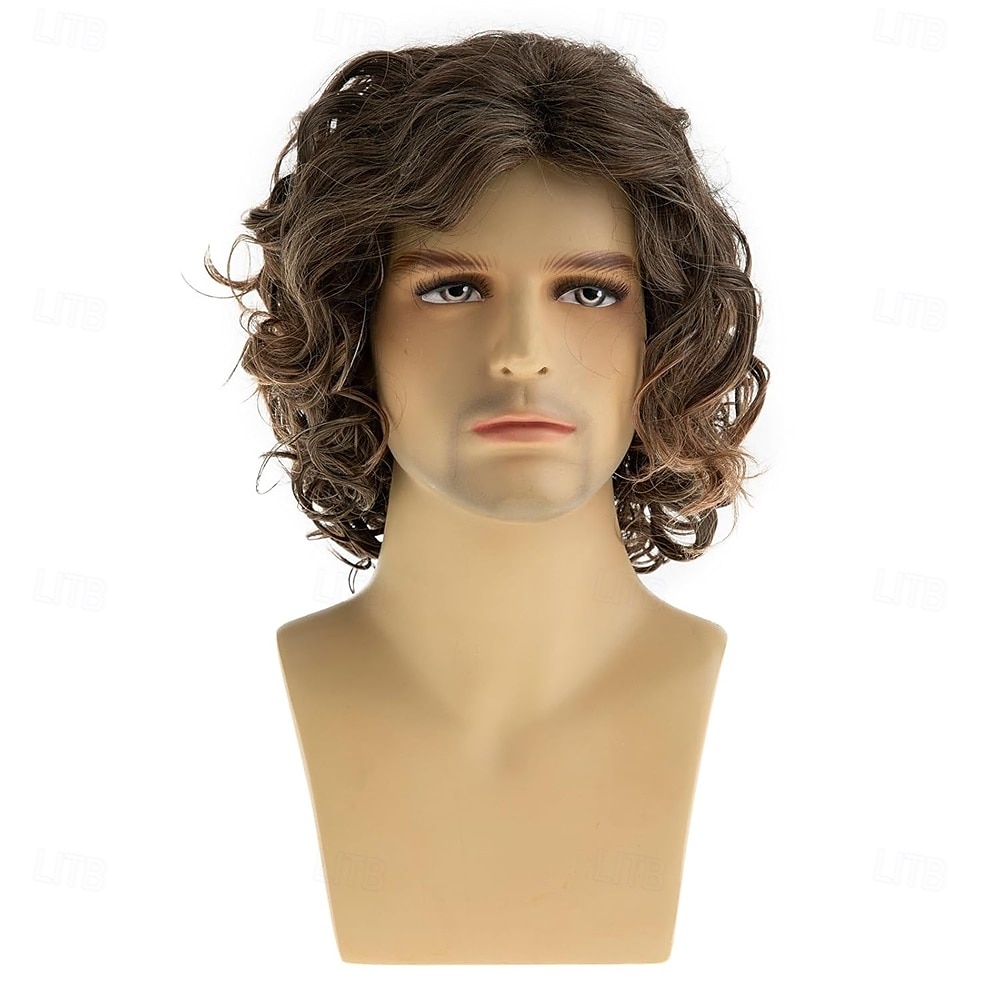 Pánská krátká kudrnatá hnědá paruka ze syntetických vlasů, párty, halloween, cosplay, paruka 2025 - $23.99 –P2