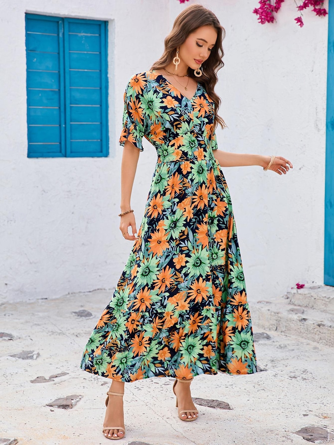 Damskie Sukienka maxi Sukienka letnia Sukienka A line Urlop Codzienny Boho Impreza Wyjściowe Plaża Luźny / a Kwiaty Graficzny Krótki rękaw W serek Kolor Lato Wiosna 2025 - $32.99 –P4