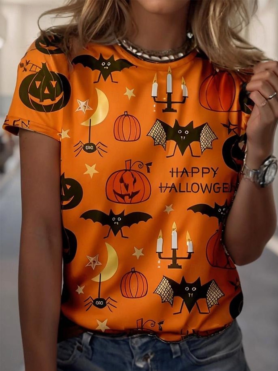 Halloween Femmes T-shirt Fleuri Graphique Crâne ancien Élégant Classique Manche Courte Col ras du cou Col rond Hauts Réguliers Quotidien Week-end Imprimé Blanche Orange Beige Été Automne de 2025 ? $19.99 –P1