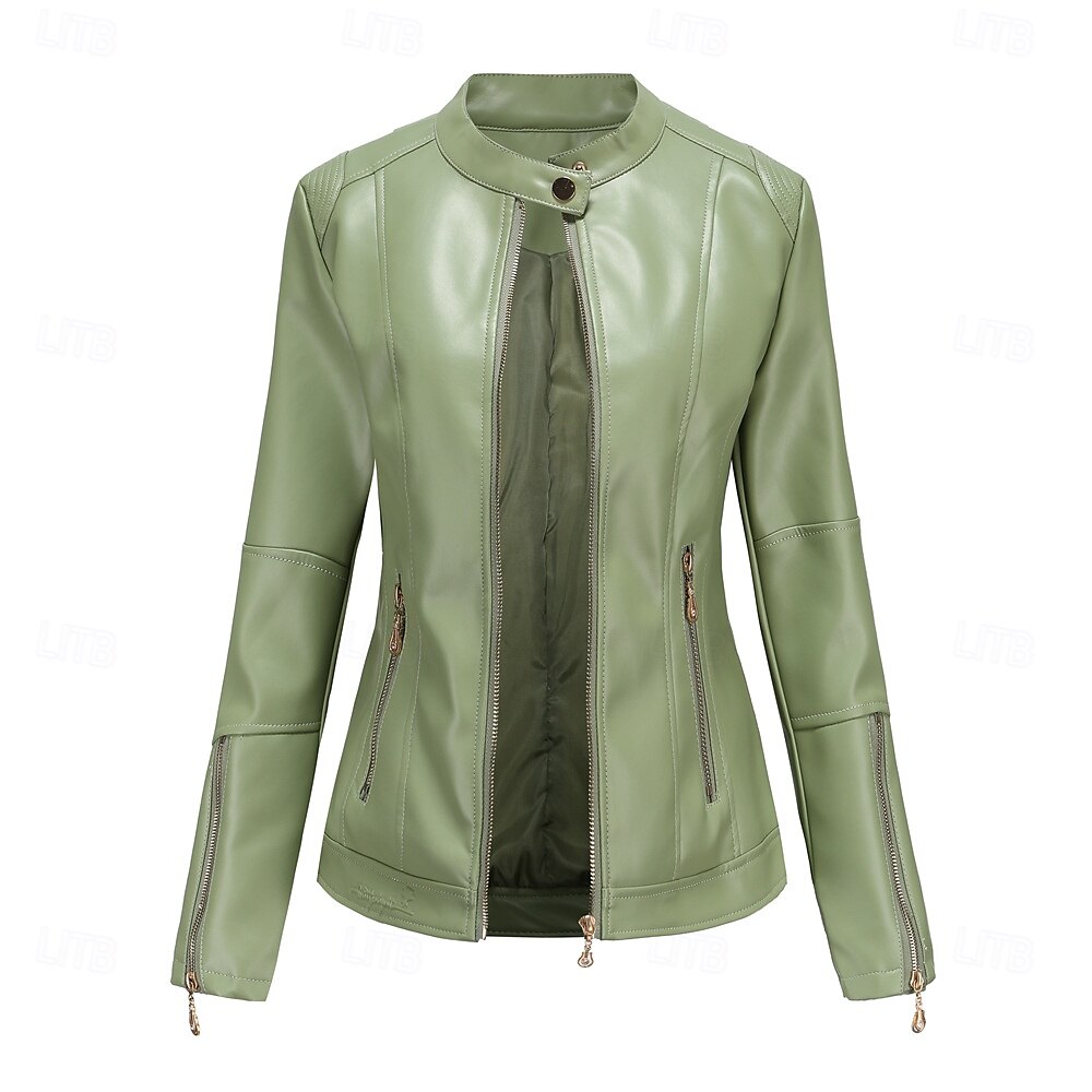Women's Faux Leather Jacket Comfortable Pocket Full Zip Fashion Street Style Plain Outdoor Casual Daily Regular Stand Collar Regular Fit Long Sleeve Outerwear Red Green Beige Fall Winter 2025 - $41.99 –P8