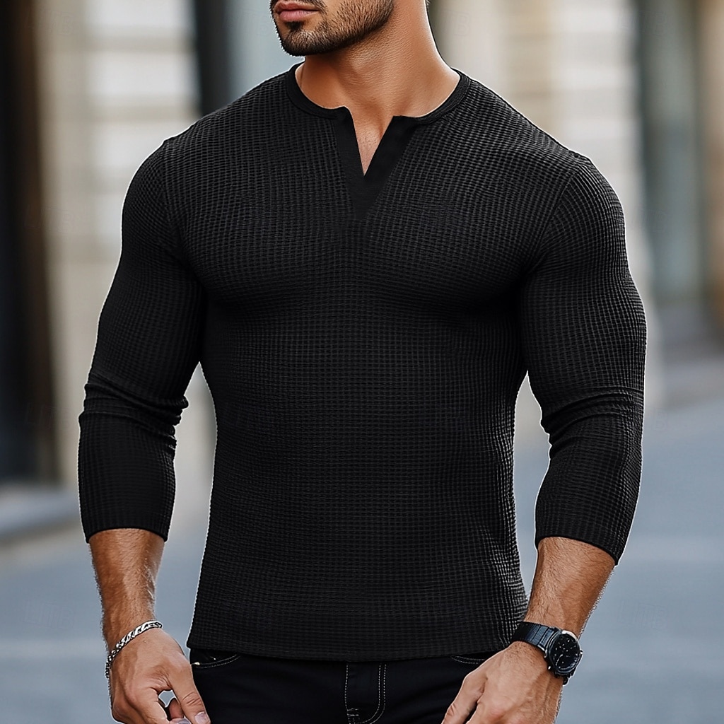 Per uomo Maglietta Maglia Henley Manica Corta Tribale Testurizzato Tinta unita Designer Essenziale Stile Boho Stampato Bottonato Scollo a V Henley All'aperto Casuale Quotidiano Estate Autunno Tutte del 2025 a $26.99 –P1