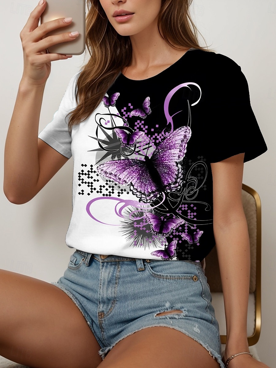 Femmes T-shirt Graphique Animal Géométrique ancien Mode Élégant Manche Courte Col ras du cou Col rond Hauts Réguliers Quotidien Week-end Imprimé Noir + Blanc + Gris Jaune Rouge Bleu Violet Ét de 2025 ? $19.99 –P1