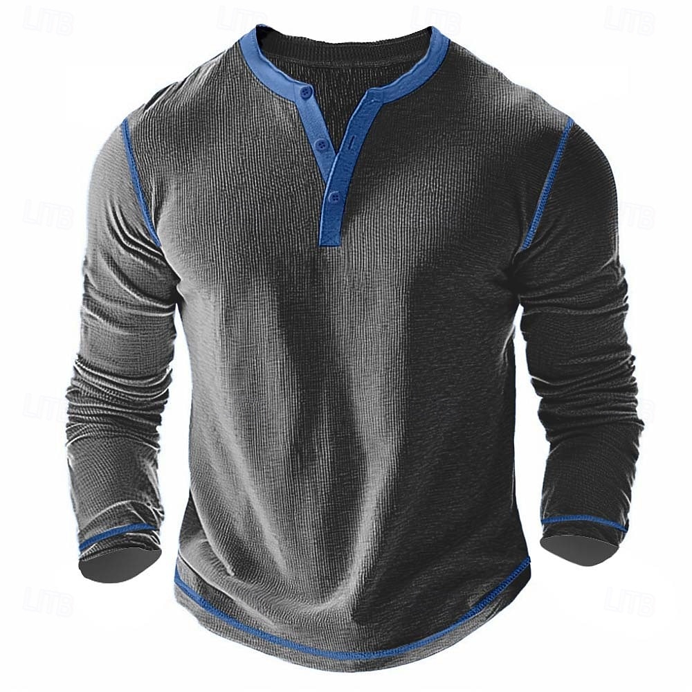 Men's T Shirt Henley Shirt Waffle Knit Tee Tee Top Long Sleeve Shirt Long Sleeve Color Block Solid Fashion Designer Basic Patchwork Henley Vacation Street Casual Spring & Fall Dark Gray Black White 2025 - $20.99 –P5