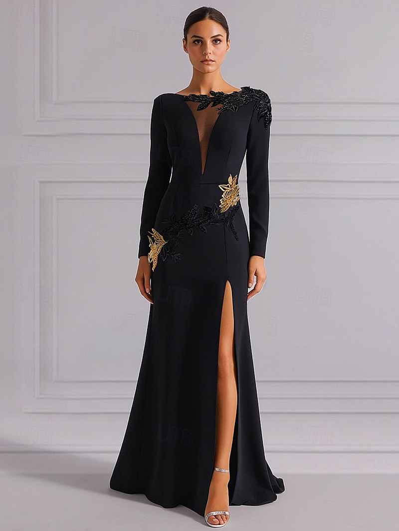 Schwarzes und goldenes A-Linien-Abendkleid, elegantes Kleid, formelles Smokingkleid, Hochzeitskleid, Schleppe, Langarm, V-Ausschnitt, Stretch-Krepp mit Paillettenstickerei 2025 2025 - $149.99 –P1
