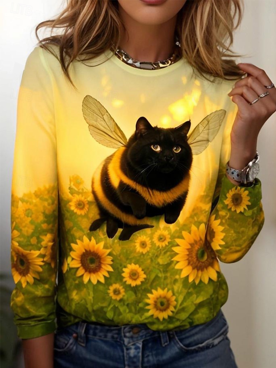 Femmes T-shirt Fleuri Graphique Chat ancien Élégant Classique manche longue Col ras du cou Col rond Hauts Réguliers Quotidien Week-end Imprimé Jaune Bleu Kaki Printemps Automne de 2025 ? $22.99 –P1