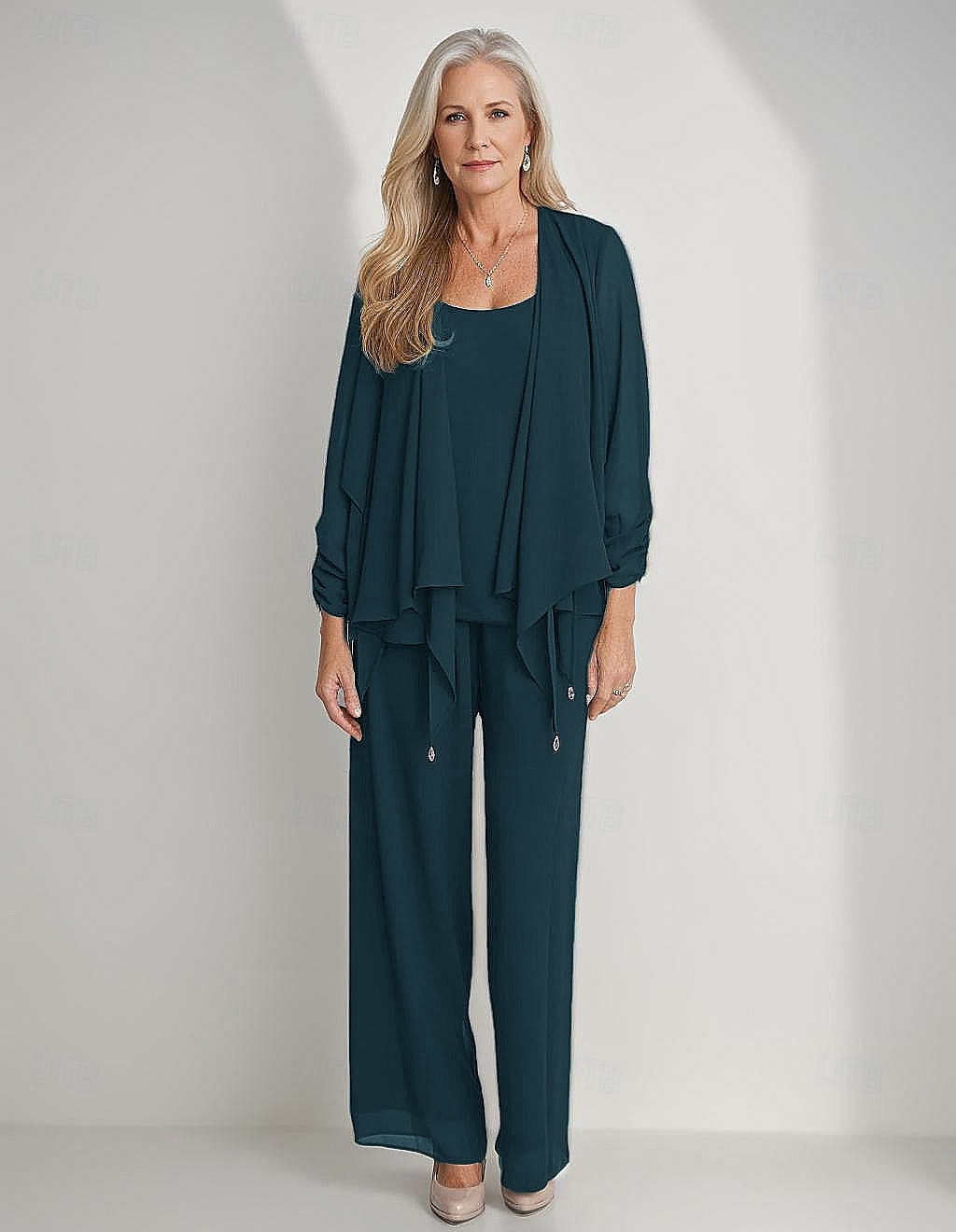 3 Piece Mother of the Bride Pantsuits Elegant Simple Luxurious Square Neck Floor Length Chiffon 3/4 Length Gathered Sleeve with Crystals Cascading Ruffles 2025 2025 - $135.99 –P6