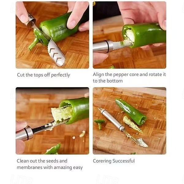 Extractor de semillas de pimiento, 2 unidades, herramienta extractora de corazón de chile de acero inoxidable para pimientos morrones, melón amargo y pimientos verdes, utensilio de cocina fácil para 2025 - $6.99 –P5