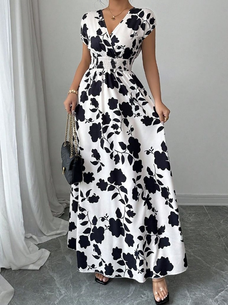 Damskie Sukienka maxi Sukienka A line Urlop Codzienny Boho Na zewnątrz Wyjściowe Luźny / a Kwiaty Krótki rękaw W serek Czarny Czerwony Niebieski Pomarańczowy Lato 2025 - $24.99 –P1