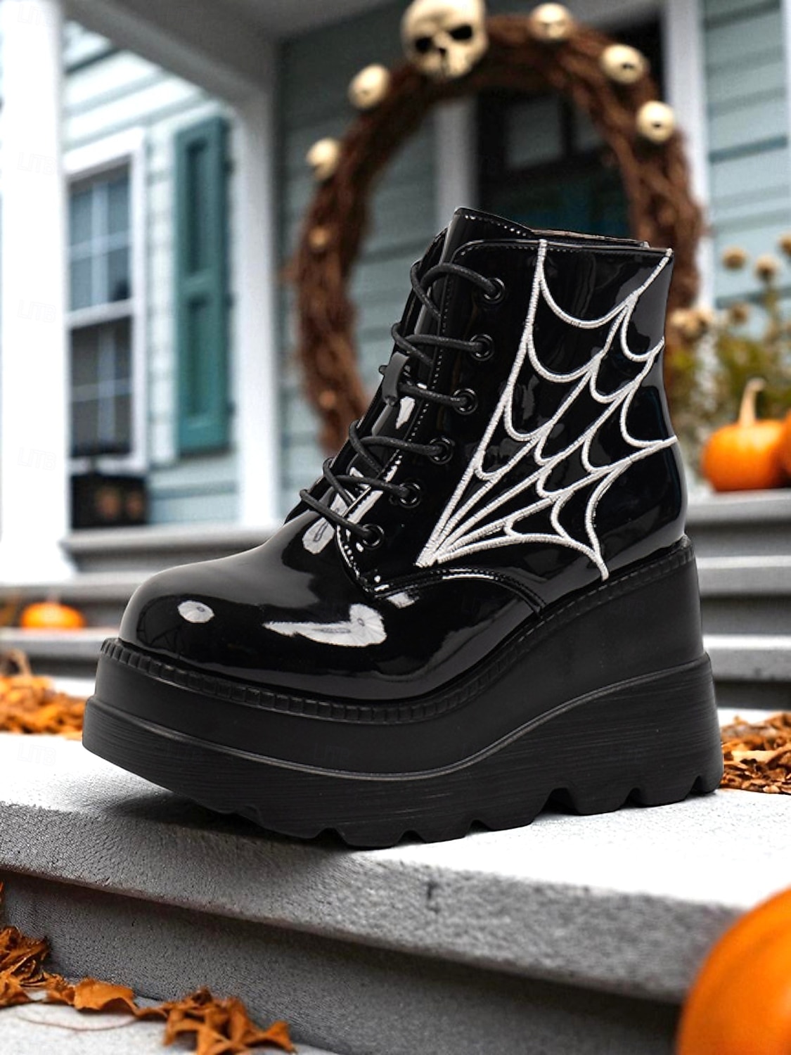 Women's Black Platform Boots with Spider Web Design - Chunky Lace-Up Ankle Boots for Halloween, Cosplay, and Masquerade Balls, Punk and Gothic Style, Comfortable for All-Day Wear 2025 - $34.99 –P2