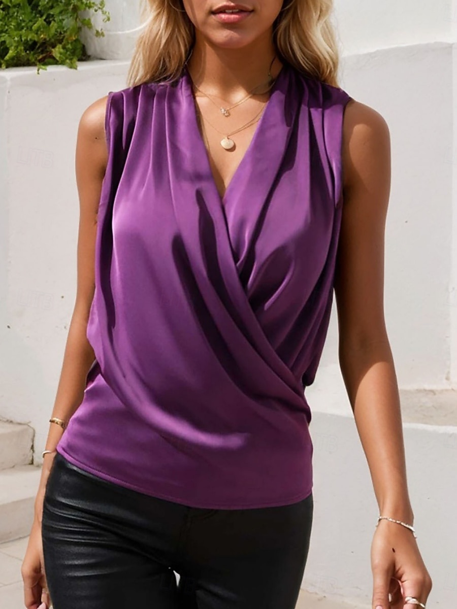Per donna Canotta a canotta Semplice Elegante Moderno Senza Maniche Scollo a Cascata Top Regolari Quotidiano Ferie Arricciato Viola Verde Albicocca Estate del 2025 a $23.99 –P9