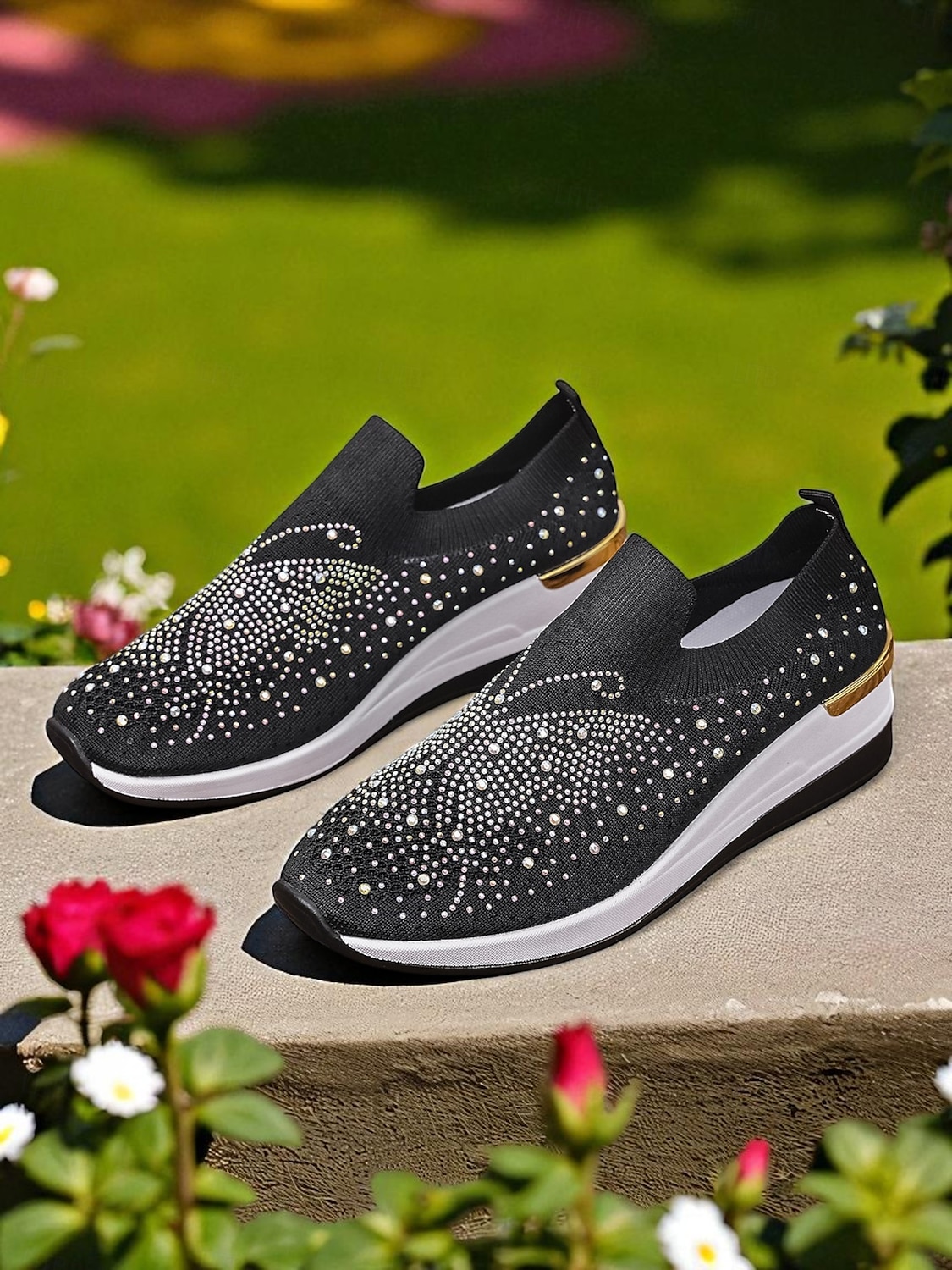 női strasszos flyknit bebújós tornacipők – csillogó éktalpú cipők fesztiválokra, utazásra és mindennapi divatra 2025 - $29.99 –P1