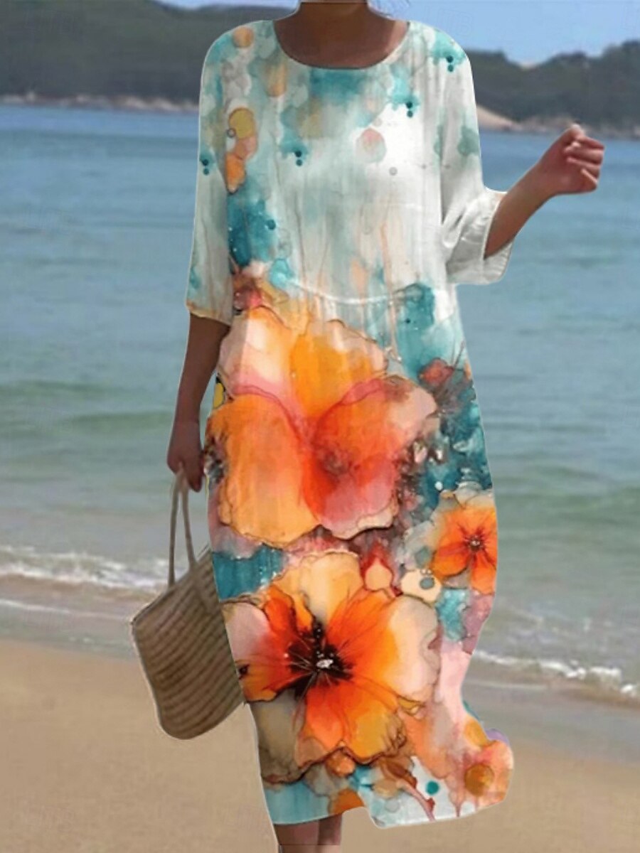 Femmes Robe Midi Robe Décontractée Robe Imprimée Mode Moderne Quotidien Plage Week-end Coupe régulière Fleuri Manche 3/4 Col ras du cou Blanche Jaune Bleu Roi Kaki Été Printemps Automne de 2025 ? $31.99 –P4
