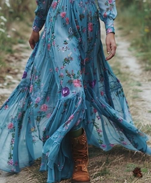 Dame Lang kjole Maxikjole Floral kjole Boho-kjole Western kjole Elegant Mote Moderne utendørs Feriereise Daglig Normal Blomsternål i krystall Langermet V-hals Blå Sommer 2025 - $36.99 –P3