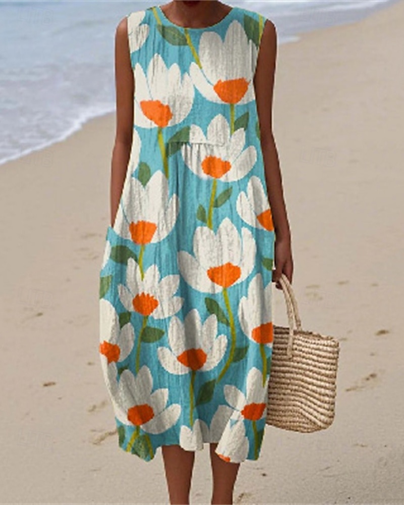 Damen Midikleid Freizeitkleid Sommerkleid Mode Modern Täglich Strand Wochenende Normale Passform Blume Ärmellos Rundhalsausschnitt Weiß Blau Sommer 2025 - $24.99 –P4