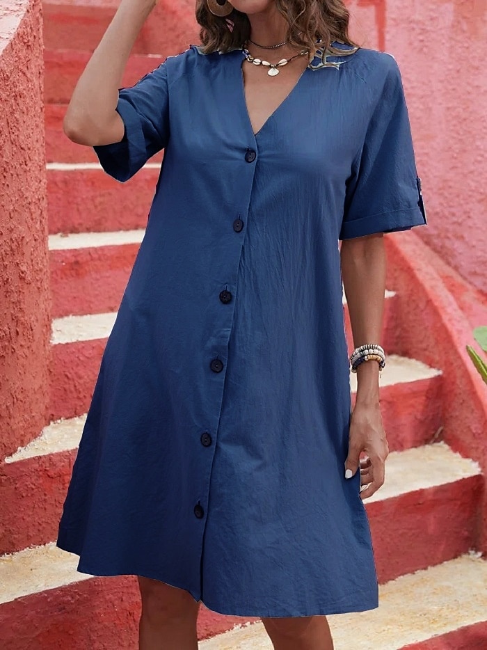 Femmes Mini Robe Robe d'été Occasionnel Quotidien Coupe régulière Uni Manche Courte Col en V Noir Blanche Bleu Ciel Bleu de minuit Été de 2025 ? $8.99 –P2