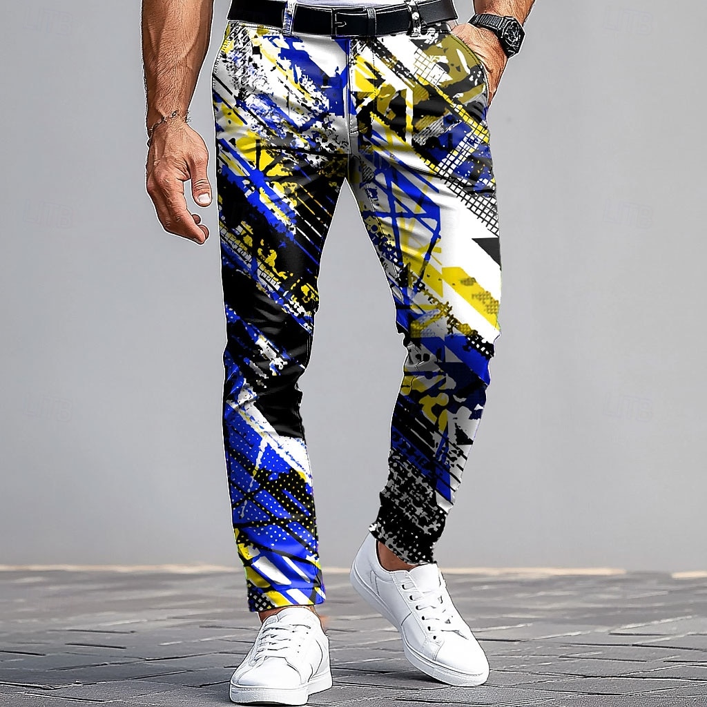 Homens Social Calças Calças de Terno Calças Slim Fit com Bolsos Geométrica Arte abstrata Comprimento total Ao ar livre Casual Vermelho Azul Micro-Elástica de 2026 por $31.99 –P3