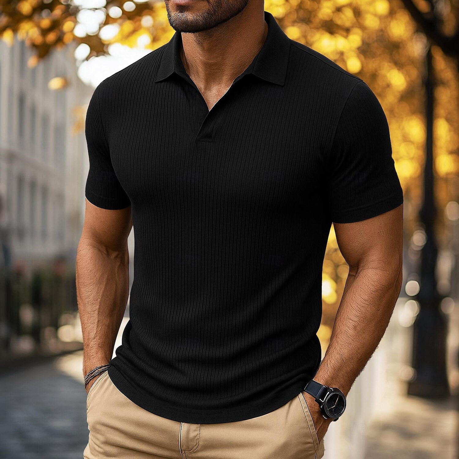 Herren Golfshirt Lässig Sport Revers Gerippter Polokragen Kurzarm Mode Basic Einfach Vertikale Streifen Klassisch Sommer Frühling Ganzjahres Normale Passform Wein Schwarz Grün Marineblau Golfshirt 2025 - $20.99 –P5
