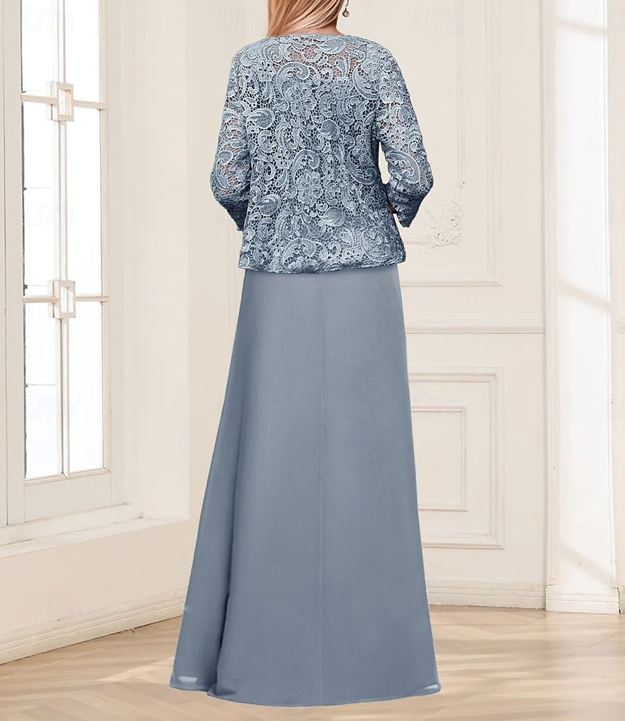 Tweedelig A-lijn Moeder van de bruid jurk Elegant Eenvoudig minimalistische Vierkante hals Tot de grond Chiffon Geribd kant Mouwloos 3/4 mouw met Plooien Ruches Gelaagde ruches 2025 2025 - $135.99 –P2