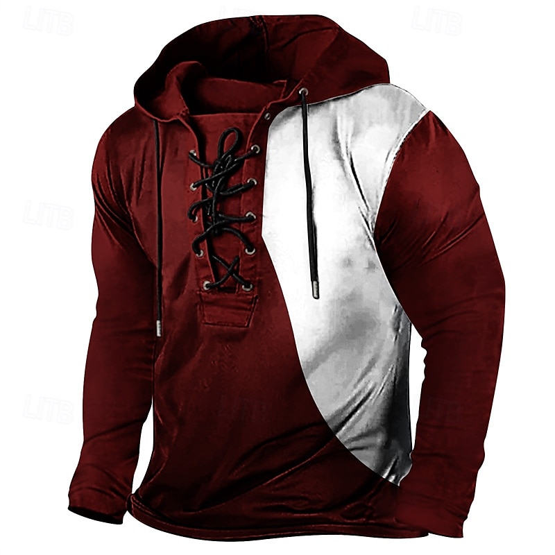 Men's T Shirt Tee Tee Top Long Sleeve Shirt Long Sleeve Hooded Spring Fall Color Block Vintage Designer Basic Lace up Vacation Street Going out Black Red Blue Top Tee for Men 2025 - $36.99 –P4