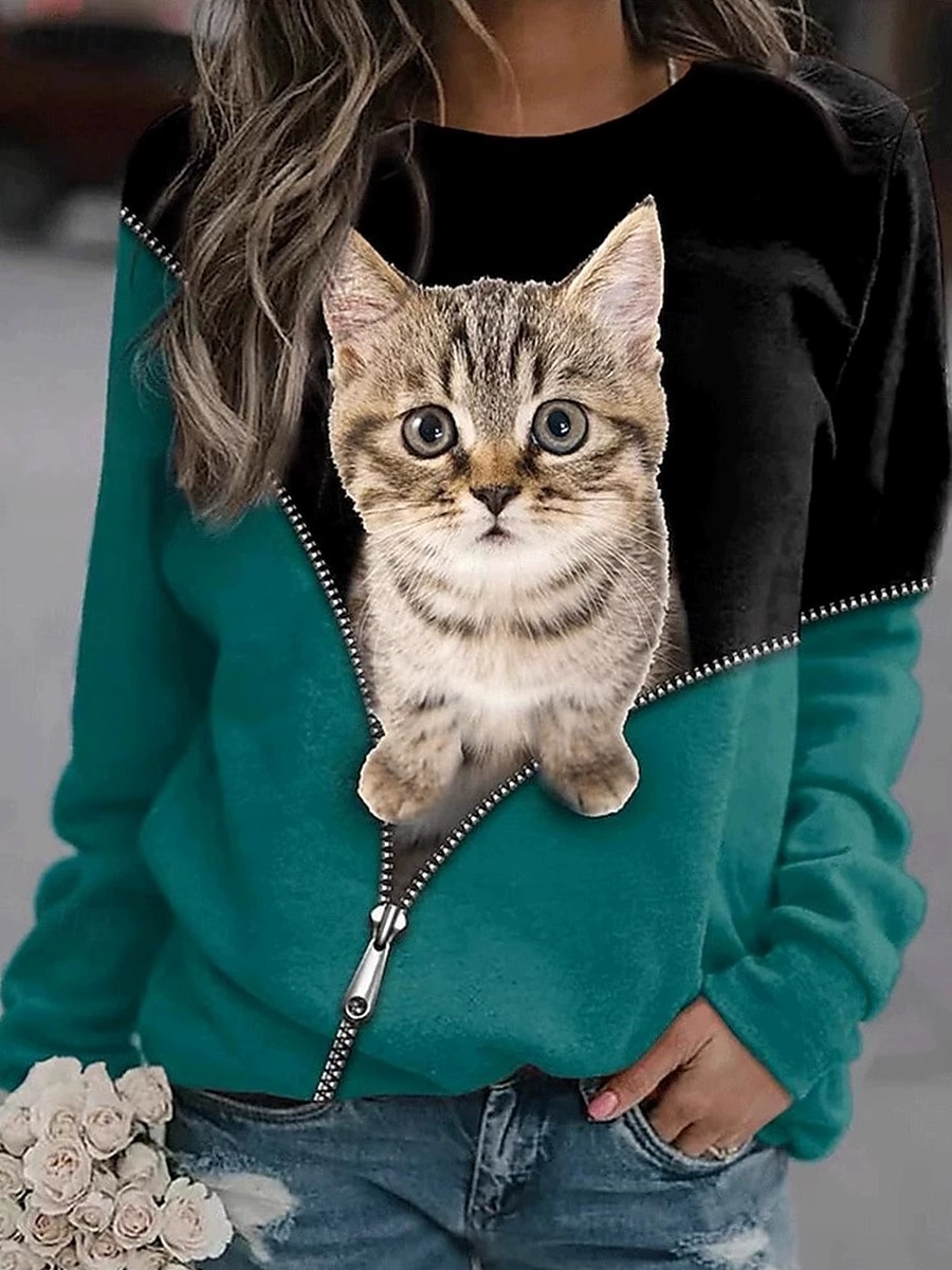 2025年 女性用 プルオーバースウェットシャツ フーディーズ グラフィック 動物 猫 ファッション カジュアル 長袖 クルーネック ラウンドネック レギュラートップス ストリート 日常着 プリント ダークグリーン 春 秋 冬  コレクション – $25.99 –P1