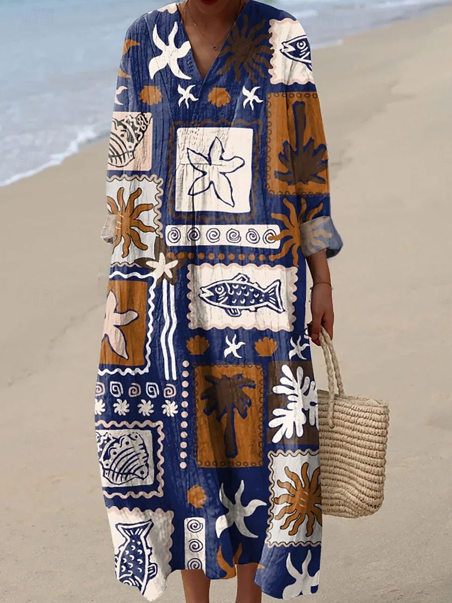 Femmes Robe Midi Robe d'Été Robe trapèze Vacances Occasionnel Boho Soirée Plage Coupe Ample Graphique Géométrique Abstrait manche longue Col en V Blanche Rose Claire Bleu Marron Été Printemps Automne de 2025 ? $35.99 –P2