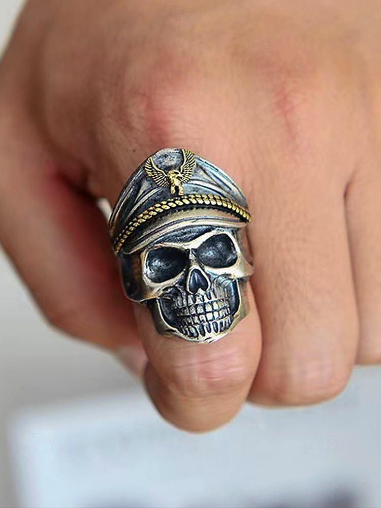 Férfi koponyagyűrű tiszti kalappal és sas emblémával – állítható ötvözet halloweeni punk ékszer motoros és gótikus stílushoz 2025 - $7.99 –P1
