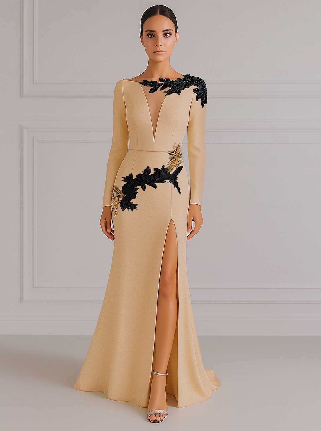 Schwarzes und goldenes A-Linien-Abendkleid, elegantes Kleid, formelles Smokingkleid, Hochzeitskleid, Schleppe, Langarm, V-Ausschnitt, Stretch-Krepp mit Paillettenstickerei 2025 2025 - $149.99 –P6