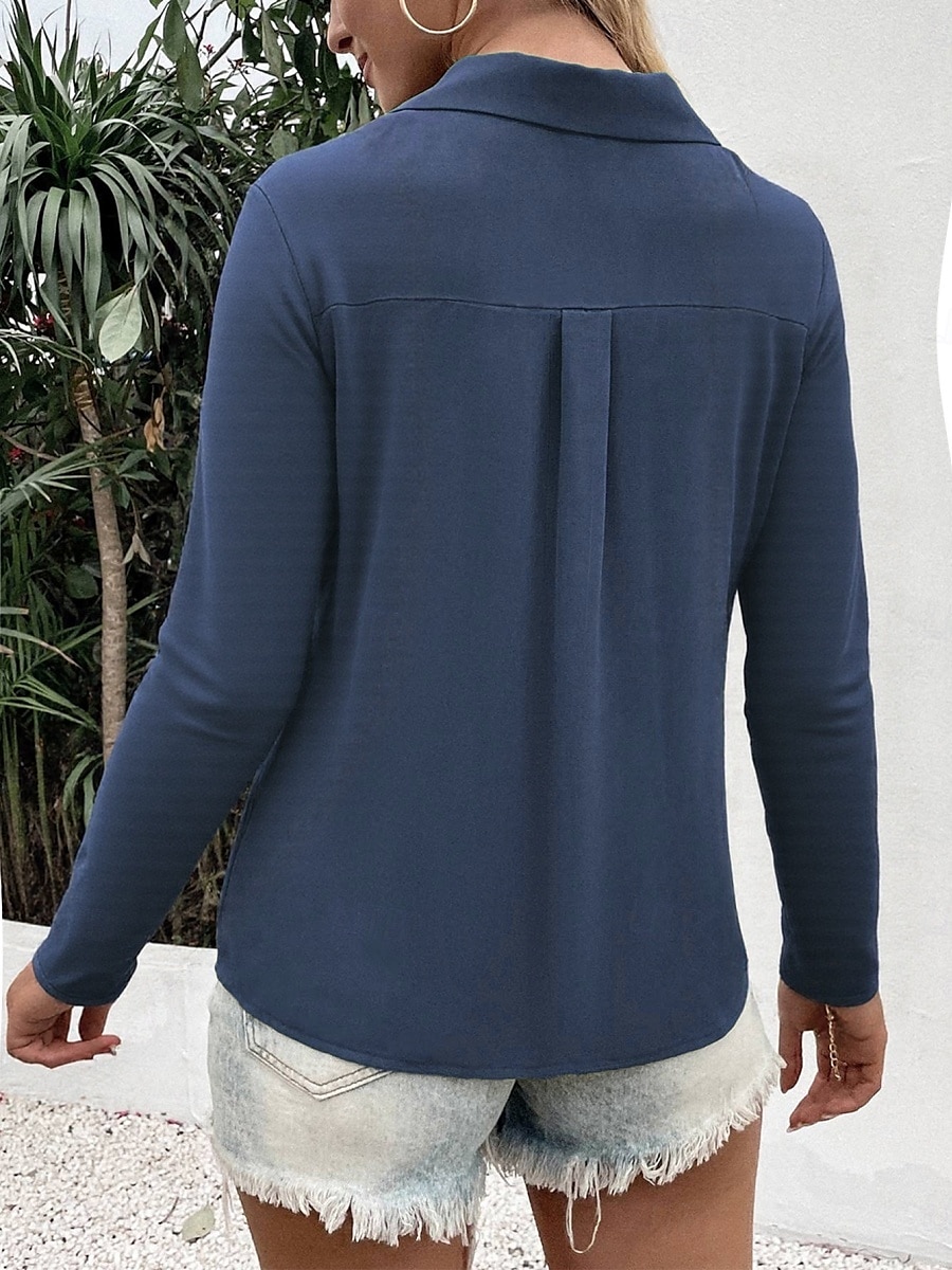 Camicia da donna con bottoni blusa unicolore elegante casual a maniche lunghe scollata a V colletto regolare eleganti quotidiani stampa nera bianca blu fucsia estate primavera del 2025 a $21.99 –P2