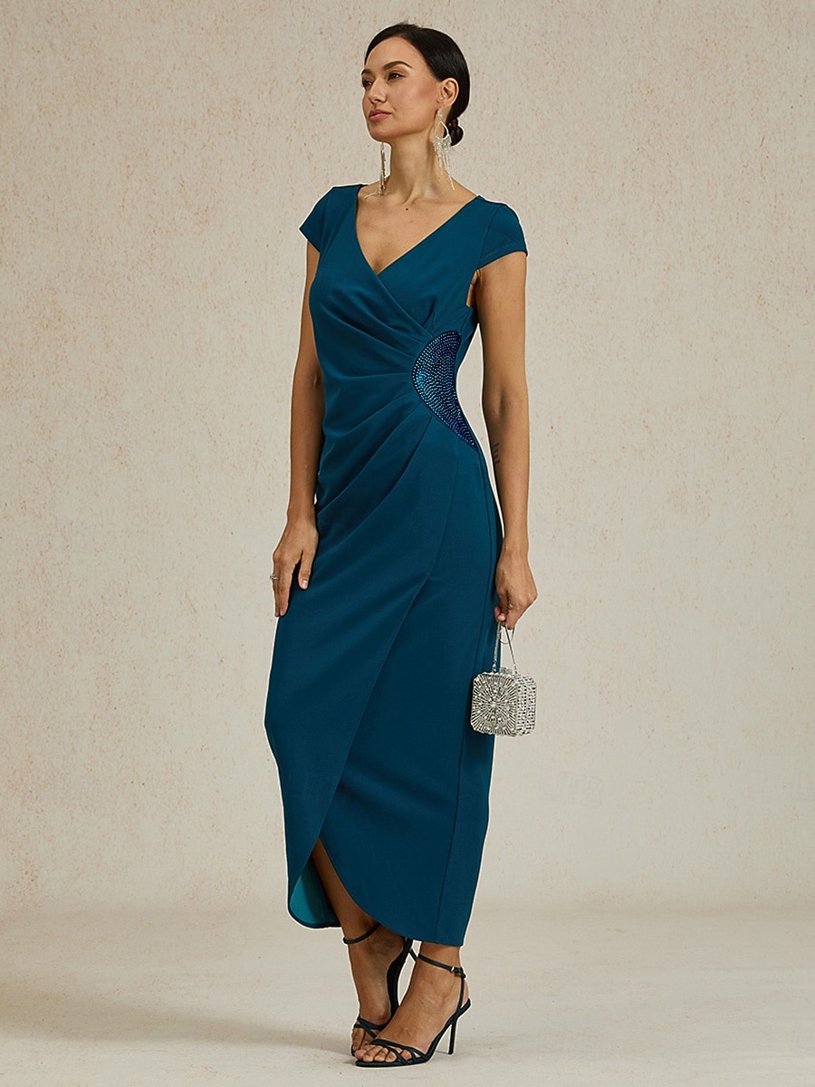 Femmes Robe maxi Robe fourreau Élégant Coupe régulière Couleur Unie Manche Courte Col en V Bleu Encre Été Printemps de 2025 ? $99.99 –P5