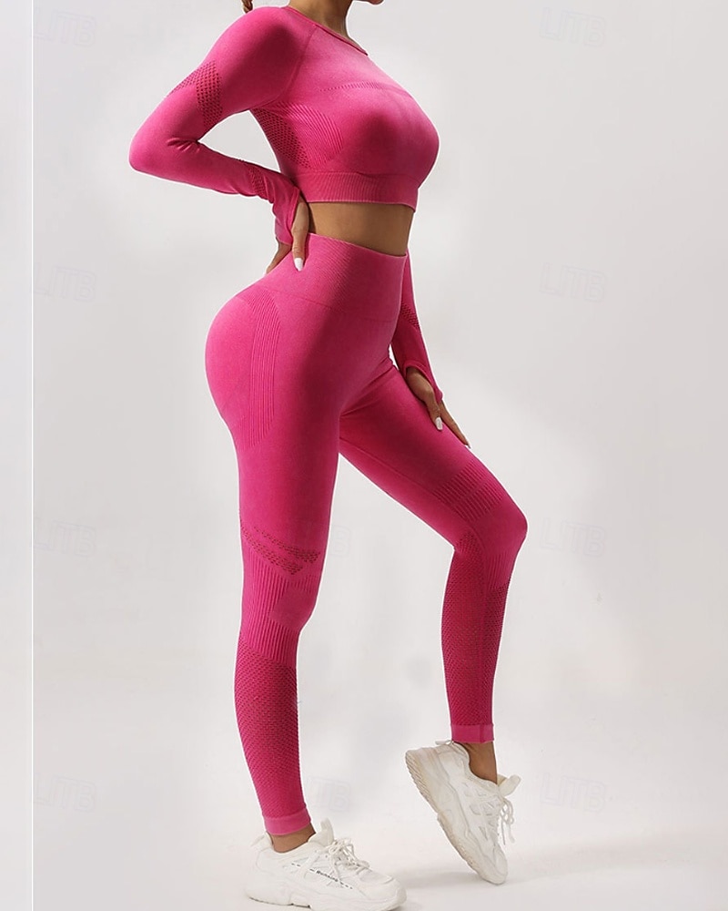 Damen 2 Stück Yoga-Trainingsanzug Lounge-Outfits  Herbst Einfarbig Kombination Armeegrün Schwarz Fitnesstraining Hohe Taille Elastisch Atmungsaktiv Langarm Sport Sportkleidung Schlank 2025 - $37.99 –P5