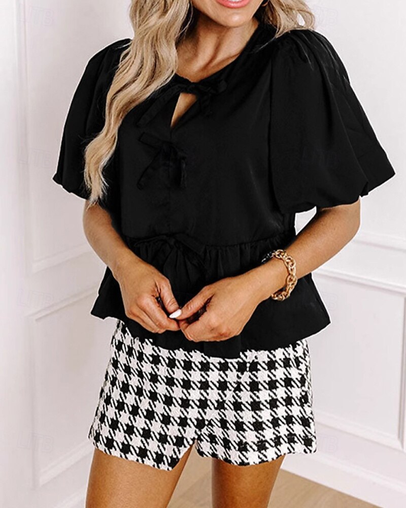 Femmes Chemisier Uni Moderne Occasionnel Manche Courte Col ras du cou Hauts Réguliers Quotidien Fête Sortir Œillet Noir Automne de 2025 ? $28.99 –P1