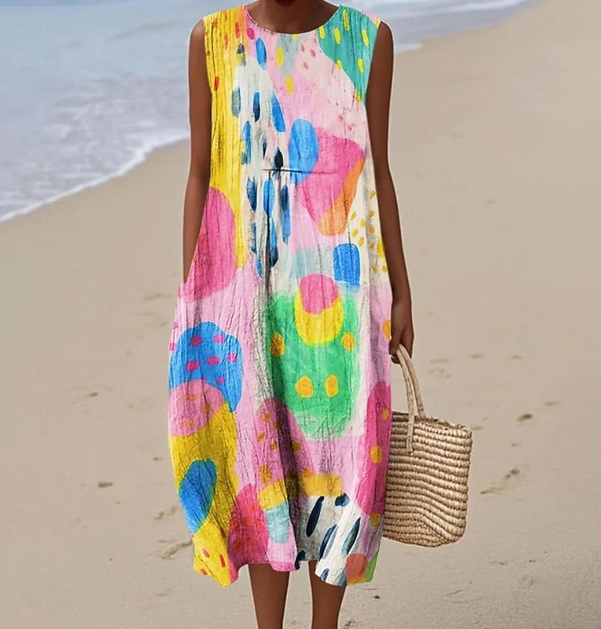Mulheres Vestido midi Vestidos Para o Verão Vestido de turno Vestido A Line Férias Casual Boho Para Noite Praia Ajuste Largo Gráfico Geométrica Sem Manga Crewneck Rosa Rosa Escuro Azul Roxo Verão de 2025 por $35.99 –P6
