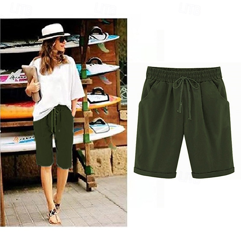 loungeshorts för kvinnor i ren färg elastisk midja med dragsko enkel avslappnad komfort hem daglig semester ventilerande ficka fempunktsbyxor 2025 - $17.99 –P3