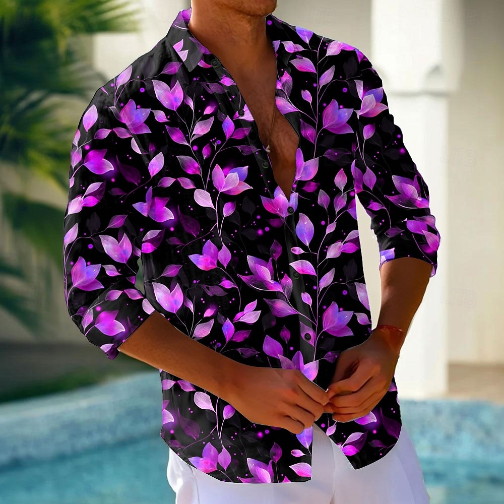 Men's Leaf Neon Glow Shirt Button Up Shirt Long Sleeve Fashion Casual Holiday Streetwear Summer Spring Turndown 3D Print Collared Shirts Pink Blue Purple Green 2026 - $27.99 –P4