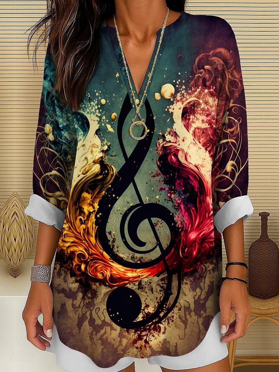 Musikfestival Damen Bluse Ombre Grafik Geometrisch Elegant Vintage Tropisch Langarm V Ausschnitt Normale Oberteile Täglich Ferien Druck Gelb Blau Grün Sommer Frühling 2025 - $24.99 –P1