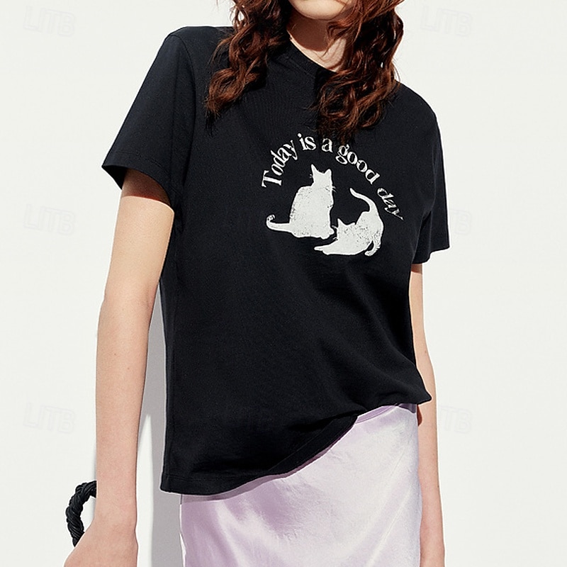 Maglietta da donna in 100% cotone con stampa di animali, gatti e lettere, elegante, basic, moderna, a maniche corte, girocollo, regular, per tutti i giorni, sportiva, per uscire, nera e bianca, del 2025 a $31.99 –P4