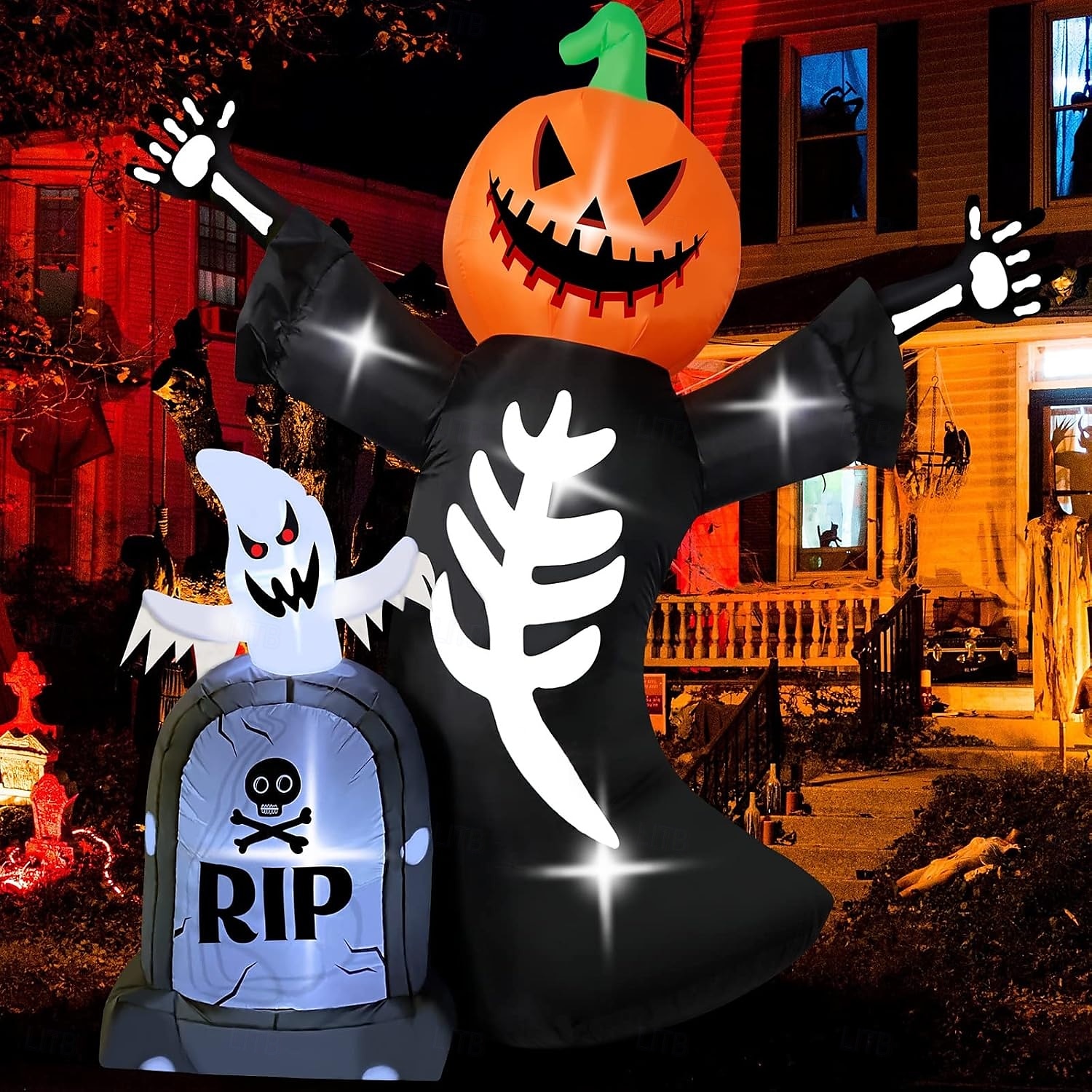 1 db 2,4 méteres kültéri halloweeni lámpás tökfej koponya szellem sírkő felfújható levegő modell beltéri és kültéri udvari kerti ösvény partidekorációs fények 2025 - $79.99 –P4