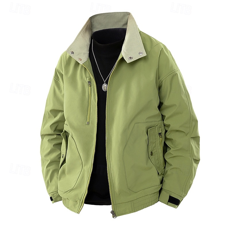 Men's Lightweight Jacket Cargo Jacket Casual Jacket Vacation Daily Windproof Windbreaker Pocket Fall Winter Plain Fashion Classic Stand Collar Regular Black White Purple Green Jacket 2025 - $51.99 –P13